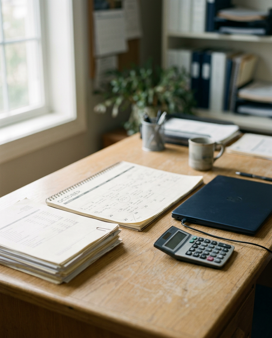 Printed statements, a calendar with due dates and a calculator on an office desk