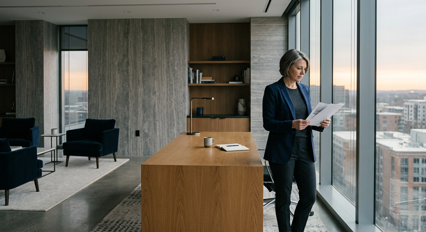 A business owner reviewing documents in a quiet, sunlit executive office